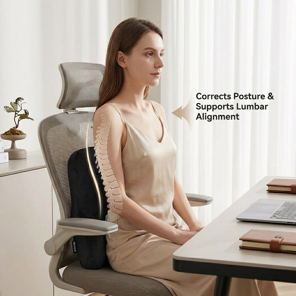 Coussin lombaire bureau SpinaDesk noir - vue packaging et accessoires